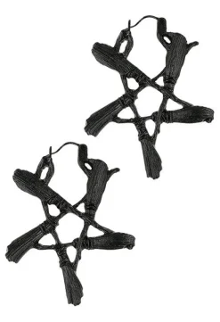Restyle Broom Pentagram Black Earrings Witchy jewellery
