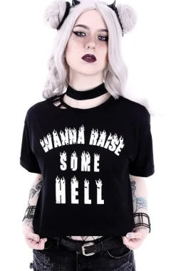 Restyle Crop Top Gothic blouse with burning letters "WANNA RAISE SOME HELL"