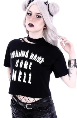 Restyle Crop Top Gothic blouse with burning letters "WANNA RAISE SOME HELL"