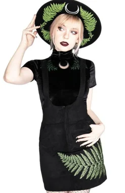 Restyle FERN SUEDE DRESS Black suspender dress with fern leaf