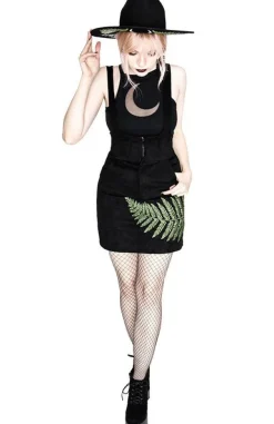 Restyle FERN SUEDE DRESS Black suspender dress with fern leaf
