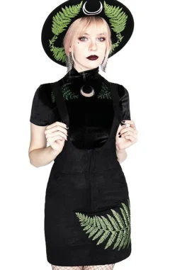Restyle FERN SUEDE DRESS Black suspender dress with fern leaf