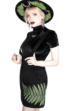 Restyle FERN SUEDE DRESS Black suspender dress with fern leaf