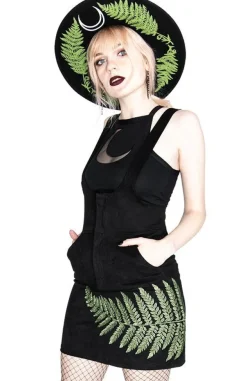 Restyle FERN SUEDE DRESS Black suspender dress with fern leaf