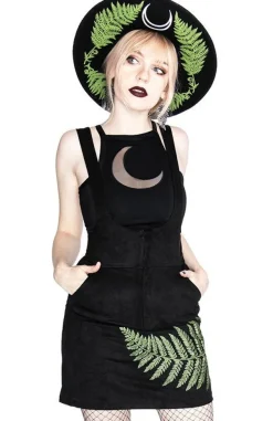 Restyle FERN SUEDE DRESS Black suspender dress with fern leaf