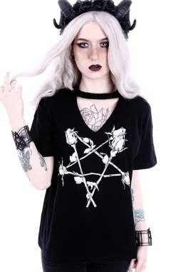 Restyle Gothic blouse, witchy V-neck with choker "ROSE PENTAGRAM"