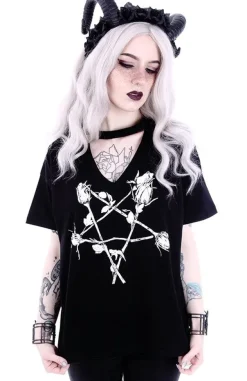 Restyle Gothic blouse, witchy V-neck with choker "ROSE PENTAGRAM"
