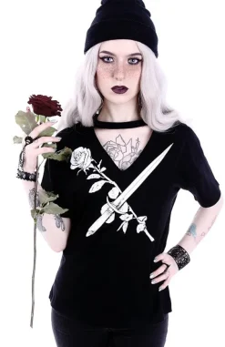 Restyle Gothic blouse with knife and rose V-neck with choker "STAY SHARP"