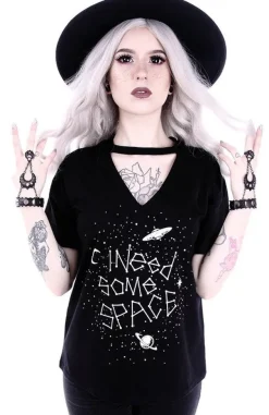 Restyle Gothic blouse with star constellation V-neck with choker "I NEED SOME SPACE"