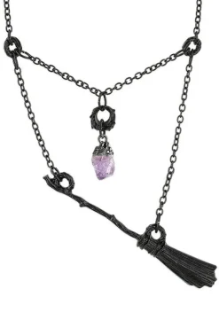 Restyle Gothic Witch Black Broomstick Necklace with purple crystal