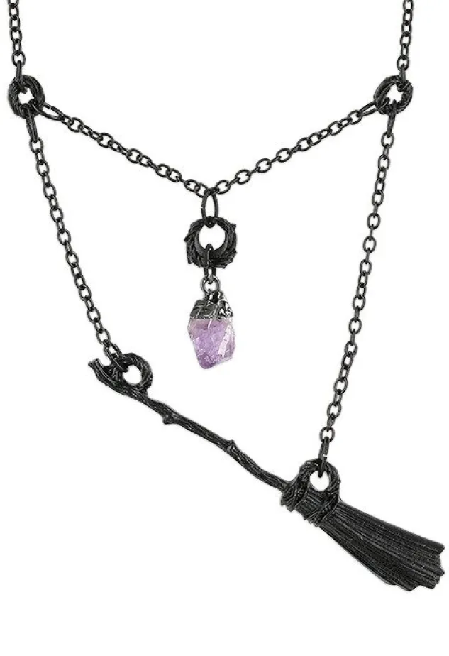 Restyle Gothic Witch Black Broomstick Necklace with purple crystal