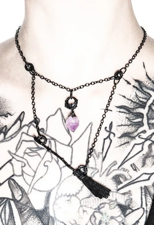 Restyle Gothic Witch Black Broomstick Necklace with purple crystal