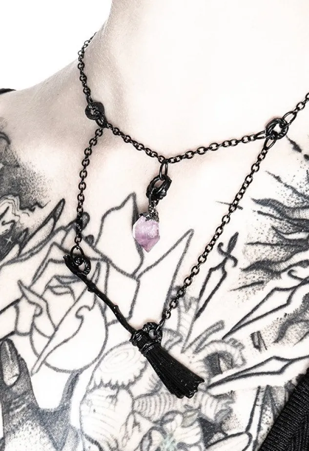 Restyle Gothic Witch Black Broomstick Necklace with purple crystal