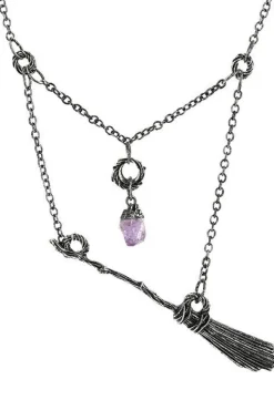 Restyle Gothic Witch Broomstick Silver Necklace with purple crystal