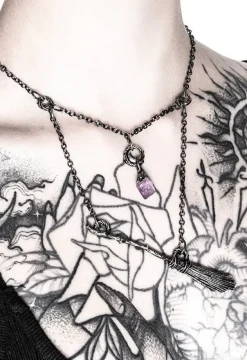 Restyle Gothic Witch Broomstick Silver Necklace with purple crystal