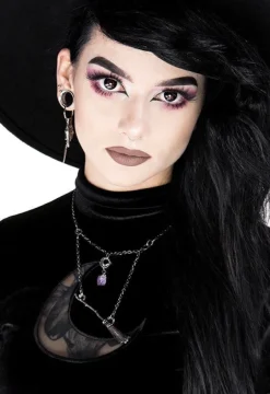 Restyle Gothic Witch Broomstick Silver Necklace with purple crystal