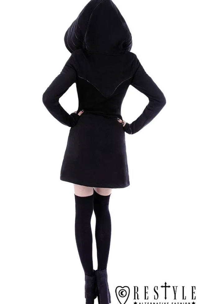 Restyle Long jacket with oversized hood, black riding hood, moon "LAYERED HOODIE"
