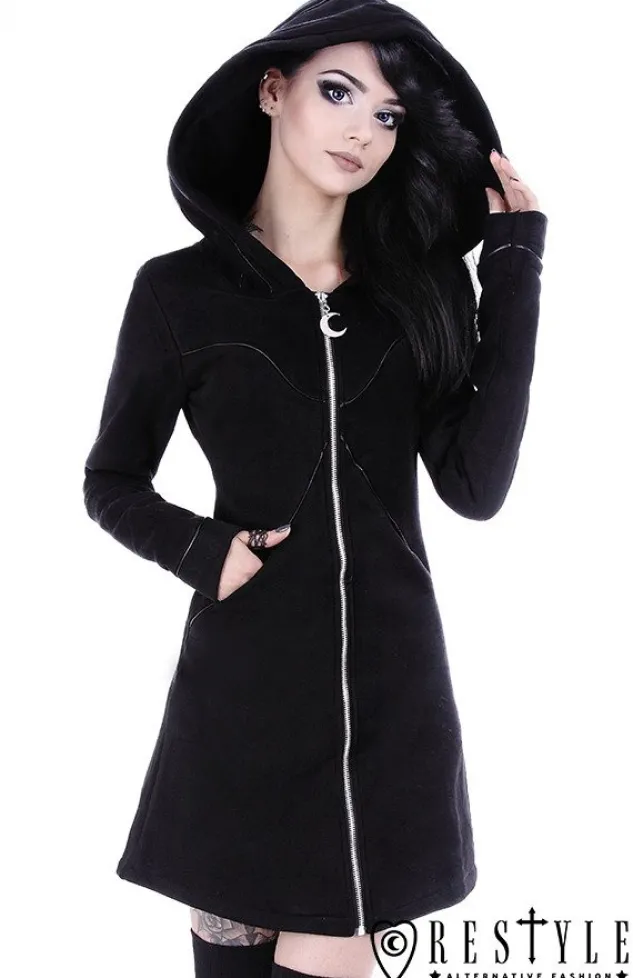 Restyle Long jacket with oversized hood, black riding hood, moon "LAYERED HOODIE"