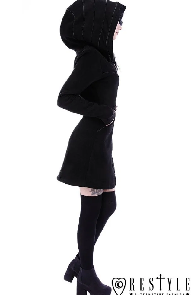 Restyle Long jacket with oversized hood, black riding hood, moon "LAYERED HOODIE"