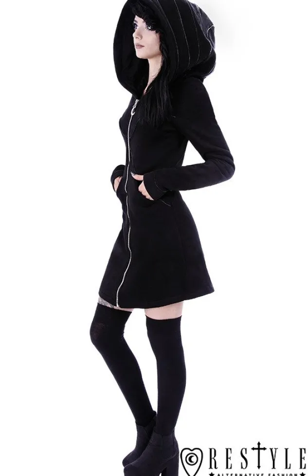 Restyle Long jacket with oversized hood, black riding hood, moon "LAYERED HOODIE"