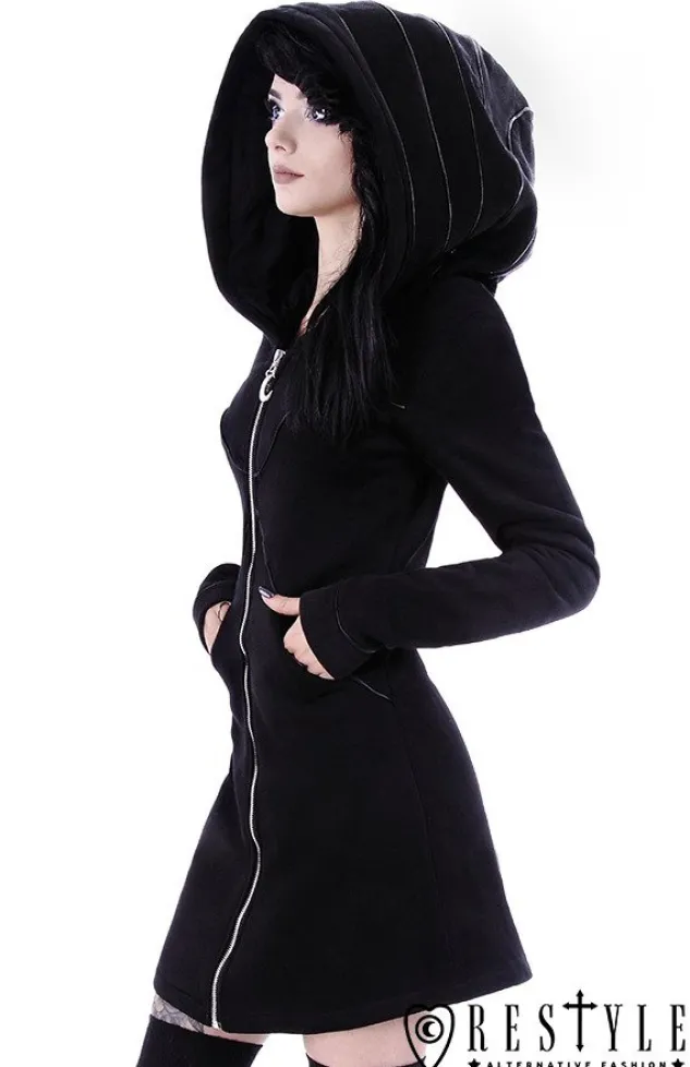 Restyle Long jacket with oversized hood, black riding hood, moon "LAYERED HOODIE"