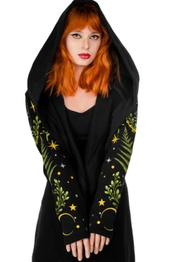 Restyle Long pagan HERBAL Hoodie with fern and crescent oversized hood