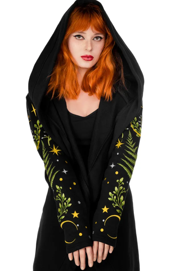 Restyle Long pagan HERBAL Hoodie with fern and crescent oversized hood