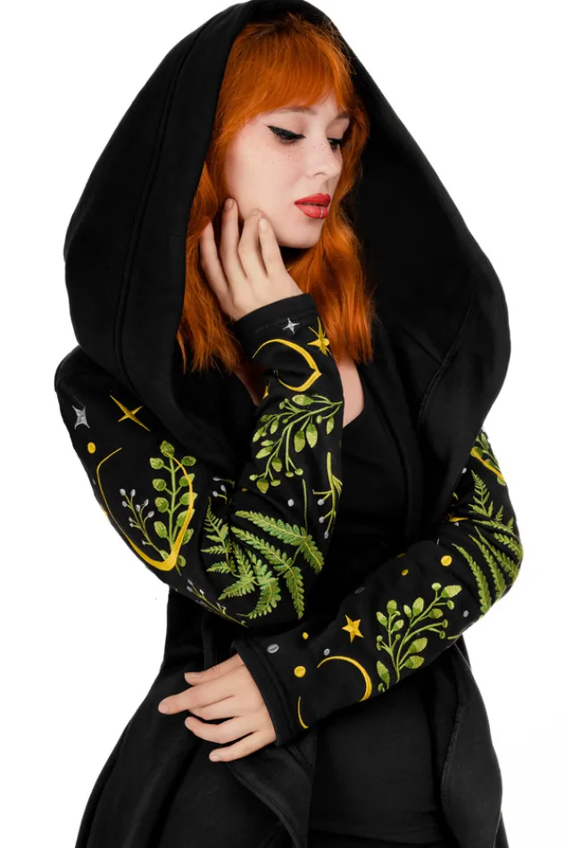 Restyle Long pagan HERBAL Hoodie with fern and crescent oversized hood