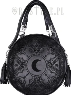 Restyle Moon embroidery handbag, witchy purse with moon & tessels "HENNA BLACK ROUND BAG"