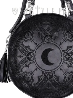 Restyle Moon embroidery handbag, witchy purse with moon & tessels "HENNA BLACK ROUND BAG"
