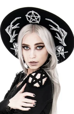 Restyle Pagan Hat with wide brim, wool, Antlers and pentacle