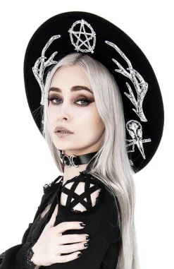 Restyle Pagan Hat with wide brim, wool, Antlers and pentacle