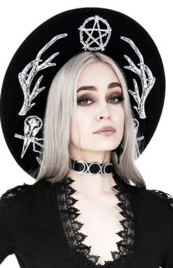 Restyle Pagan Hat with wide brim, wool, Antlers and pentacle