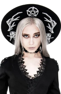 Restyle Pagan Hat with wide brim, wool, Antlers and pentacle