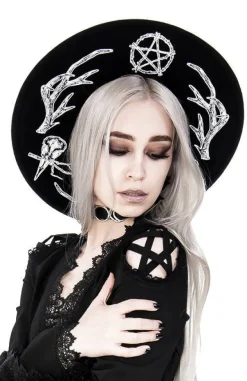 Restyle Pagan Hat with wide brim, wool, Antlers and pentacle