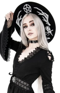 Restyle Pagan Hat with wide brim, wool, Antlers and pentacle