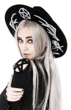 Restyle Pagan Hat with wide brim, wool, Antlers and pentacle