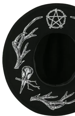 Restyle Pagan Hat with wide brim, wool, Antlers and pentacle