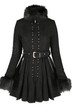 Restyle Pleated Coat with a Belt and Faux Fur Collar and Cuffs
