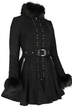 Restyle Pleated Coat with a Belt and Faux Fur Collar and Cuffs