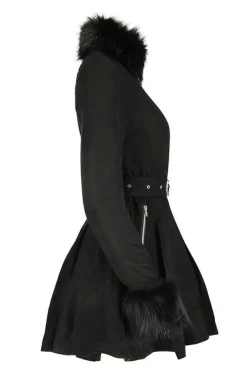 Restyle Pleated Coat with a Belt and Faux Fur Collar and Cuffs