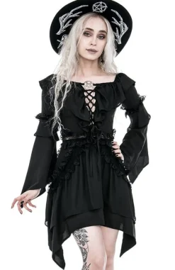 Restyle Witchy Bardot Dress with ruffles and pentagram