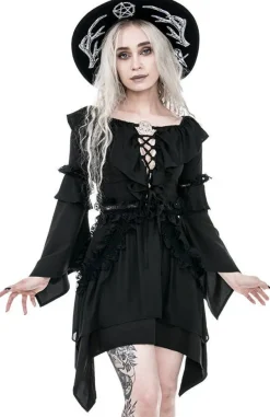 Restyle Witchy Bardot Dress with ruffles and pentagram