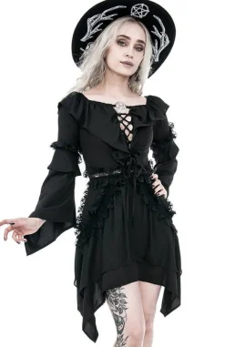 Restyle Witchy Bardot Dress with ruffles and pentagram